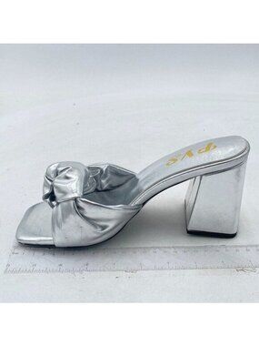 FYS Women Fashion Chunky Block Heeled Slip On Mules Square Open Toe Metallic